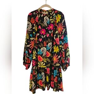 Trina Turk dress short, navy background with bright flowers in pinks and greens